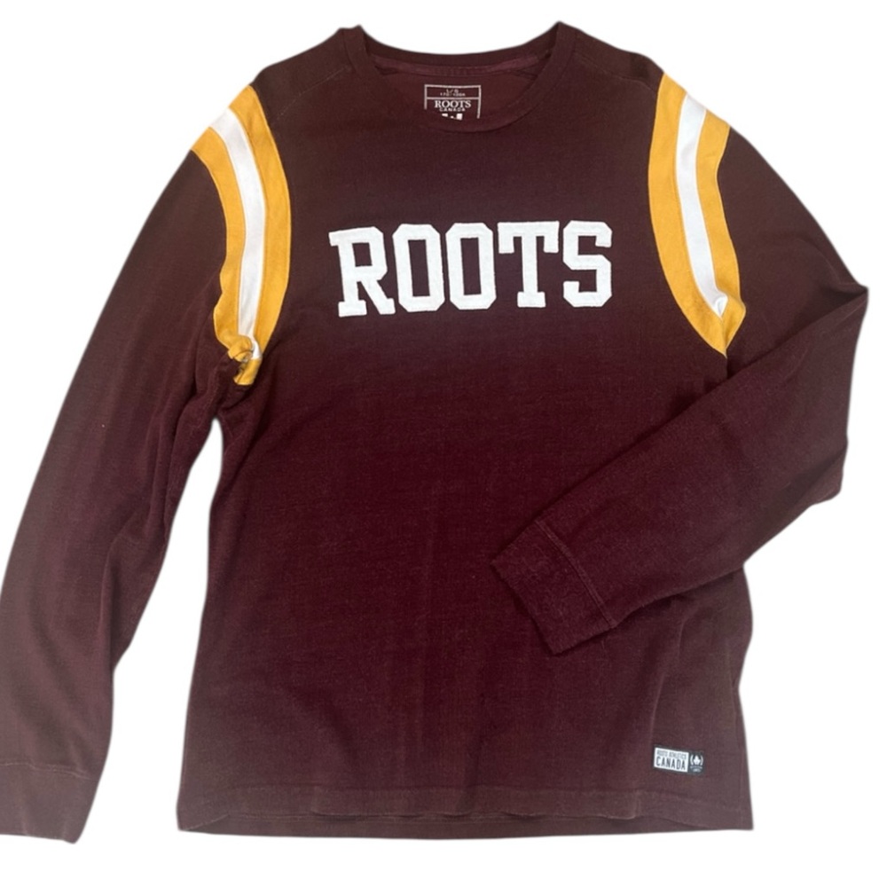 Roots Canada Fleece Sweatshirt Mens Large Stitched Vintage Crewneck Crimson Gold